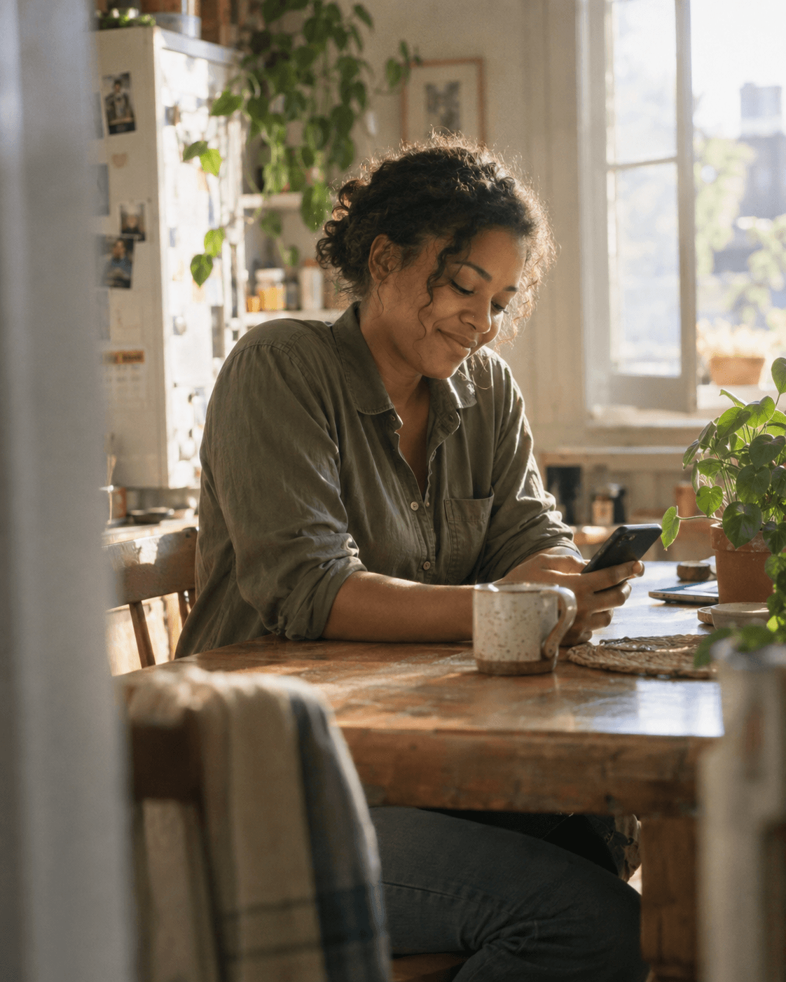 A professional replying to a message at her kitchen table in afternoon sunlight