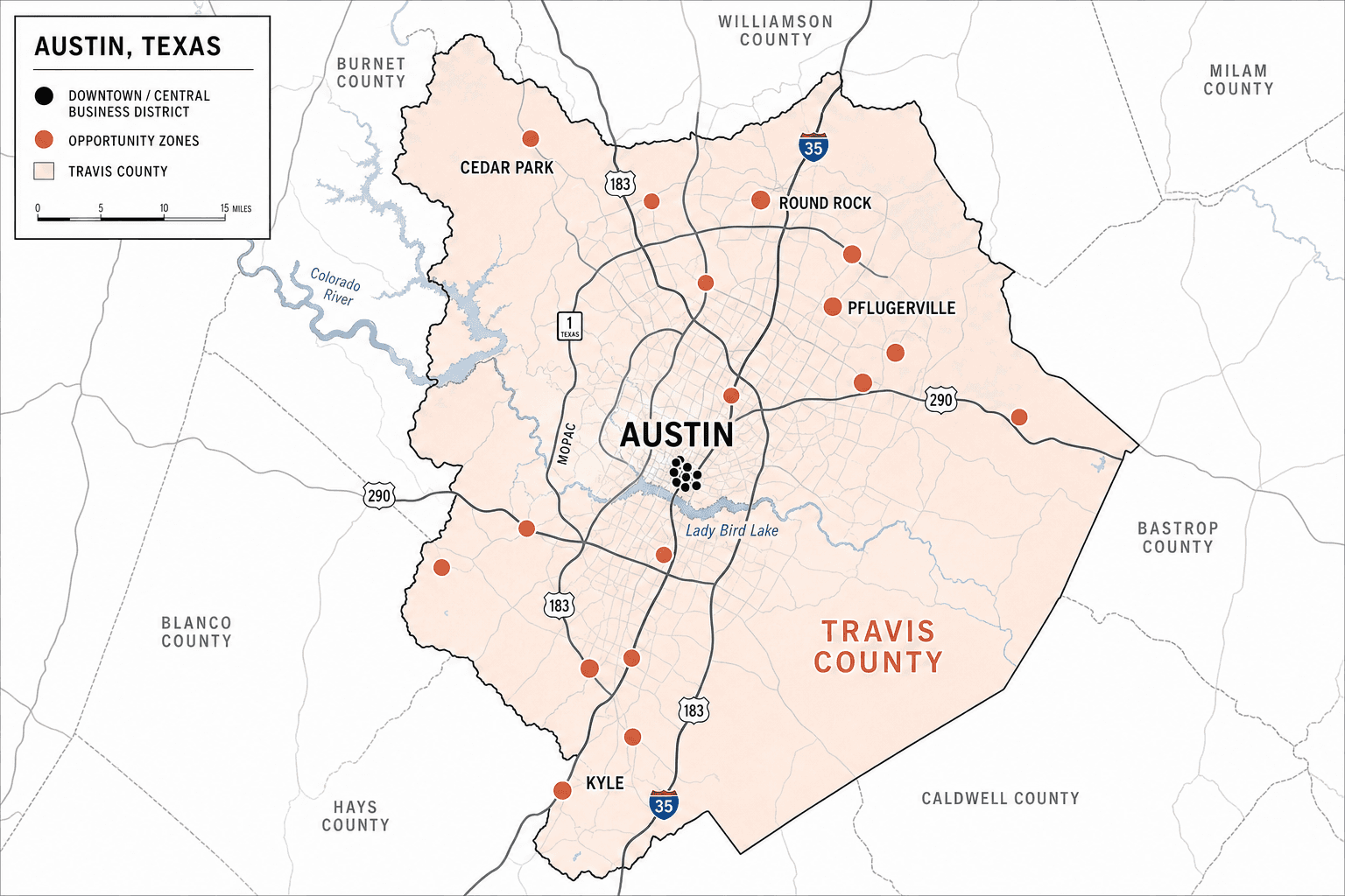 Sample opportunity map of the Austin metro area: Travis County highlighted, with terracotta dots marking high-opportunity zip codes and ink dots clustering in saturated central Austin.